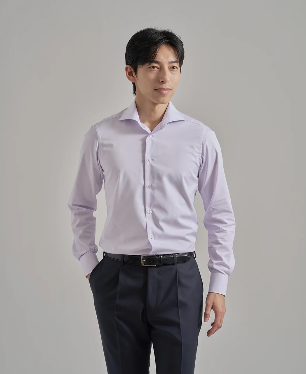 Tokyo Slim Fit - 義式寬角領斜紋布細條紋免燙襯衫｜粉紅