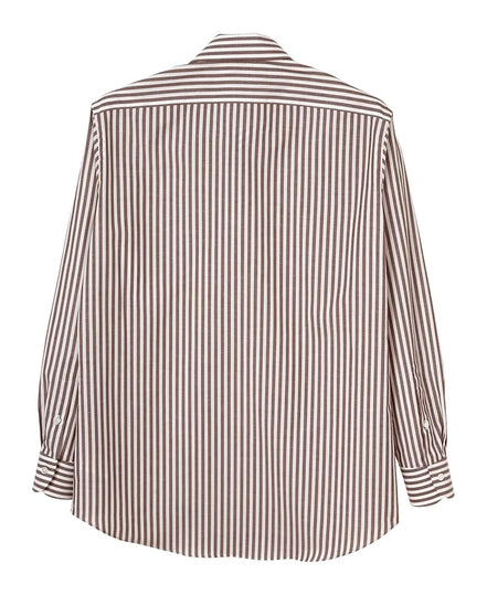 棉麻一片領義式襯衫 Brown Stripe
