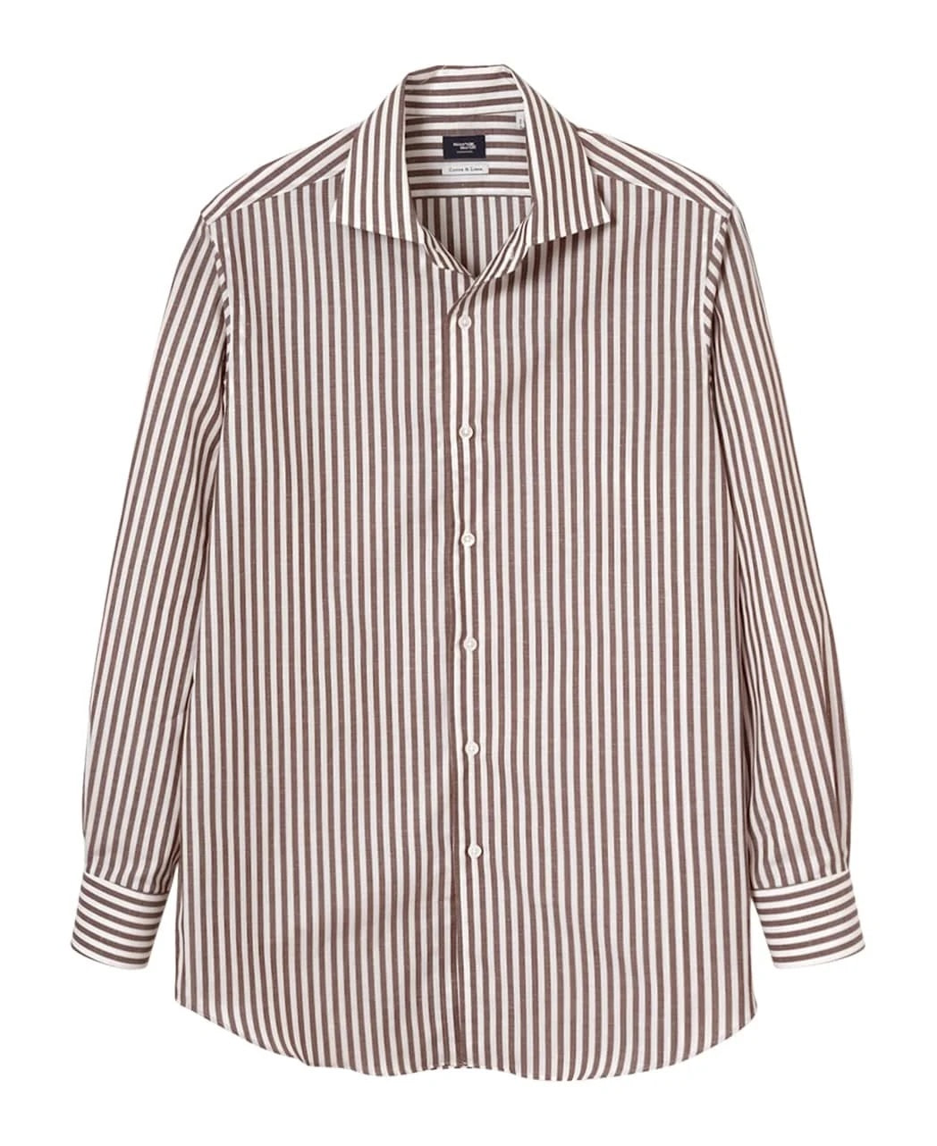 棉麻一片領義式襯衫 Brown Stripe