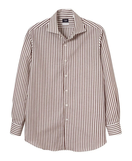 棉麻一片領義式襯衫 Brown Stripe