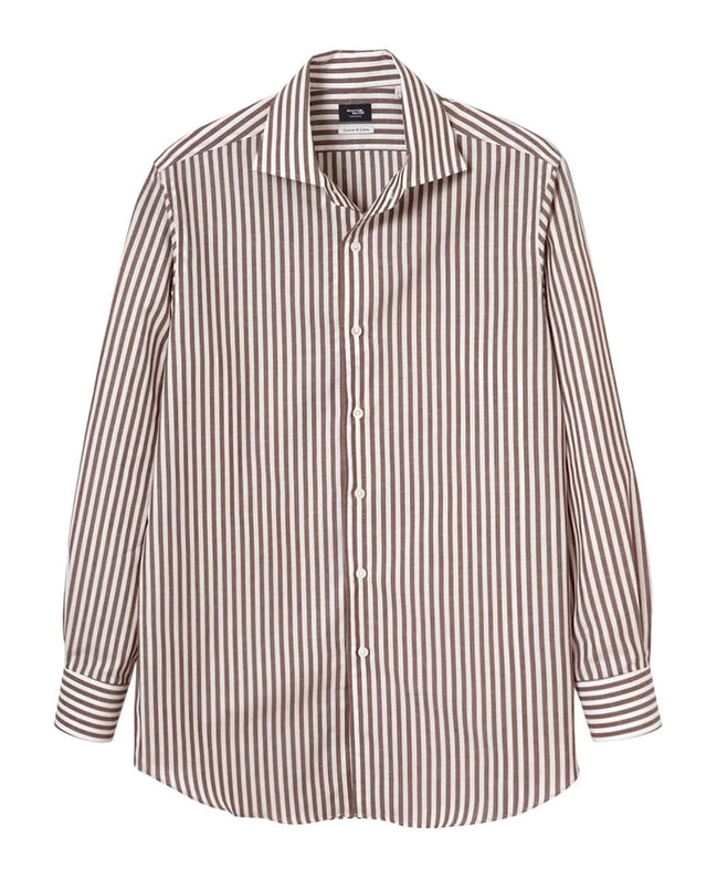 棉麻一片領義式襯衫 Brown Stripe