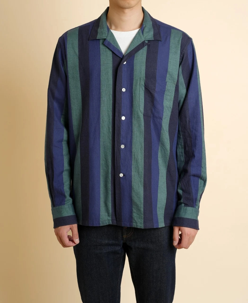 Kamakura Classics 粗條紋棉法蘭絨開領襯衫