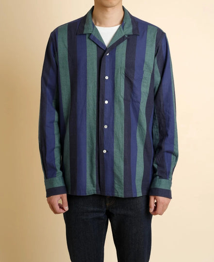Kamakura Classics 粗條紋棉法蘭絨開領襯衫