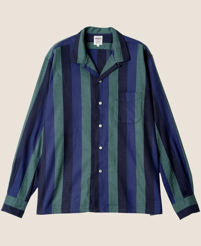 Kamakura Classics 粗條紋棉法蘭絨開領襯衫