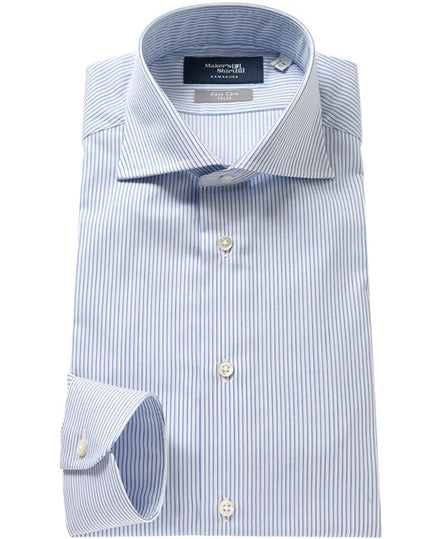 Tokyo Slim Fit - 義式寬角領斜紋布細條紋免燙襯衫｜藍色