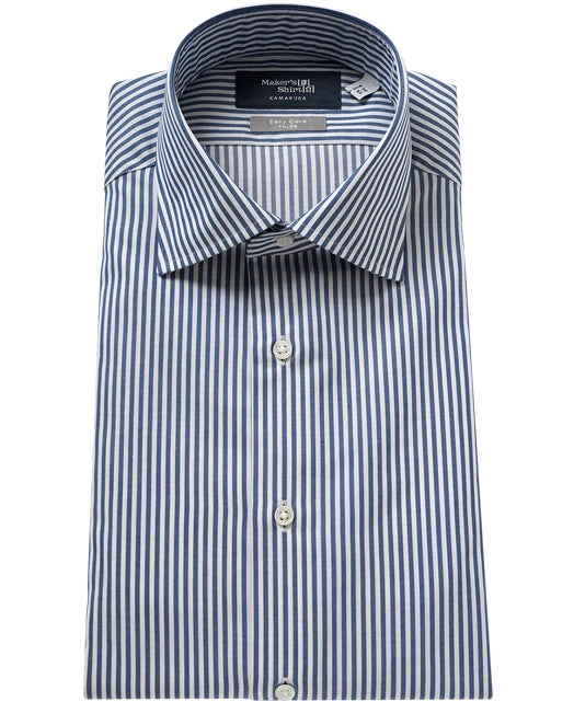 Tokyo Slim Fit - 寬角領斜紋布條紋免燙襯衫｜藍色