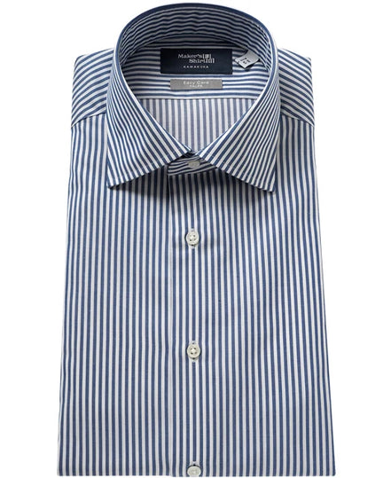 Tokyo Slim Fit - 寬角領斜紋布條紋免燙襯衫｜藍色
