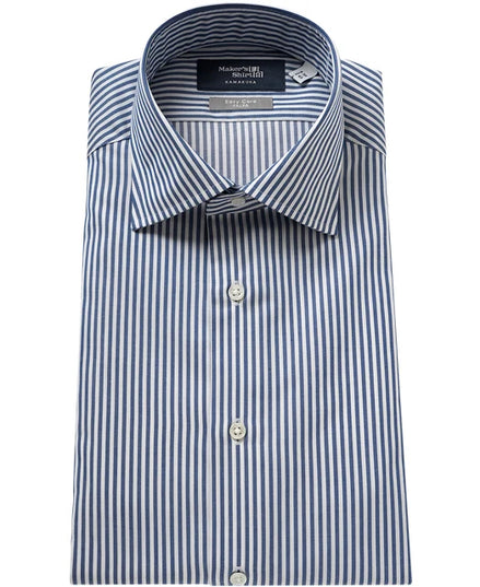 Tokyo Slim Fit - 寬角領斜紋布條紋免燙襯衫｜藍色
